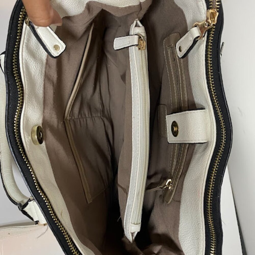 Two-Tone Women's White Black Leather Satchel Tote Bag Large - Picture 10 of 11